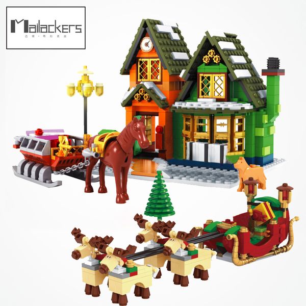 

train village tree house christmas figure santa's sleigh model building blocks toys for children gifts locking