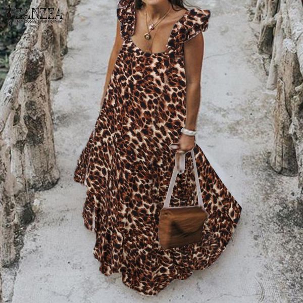 

leopard summer sundress women ruffle maxi long dress zanzea 2020 casual pleated vestidos female sleeveless robe plus size 71, Black;gray