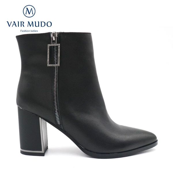 

vair mudo ankle boots shoes women genuine leather high heel thick heel boots pointed-toe basic short plush zipper dx120, Black