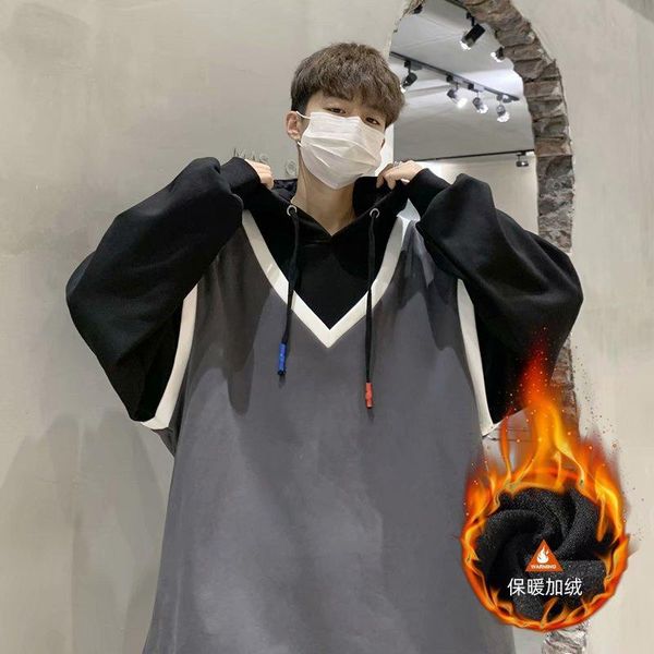 

men's jackets hoodie fake two-piece sweater male plus velvet thick loose style trendy all-match autumn winter jacket fashion long-sleev, Black;brown