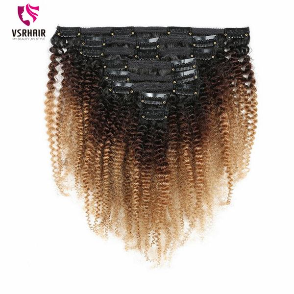 

vsrhair ombre color 1b427 afro kinky curl brazilian hair 8pcs 18clips 120g machine remy virgin hair clip in hair extensions, Black;brown