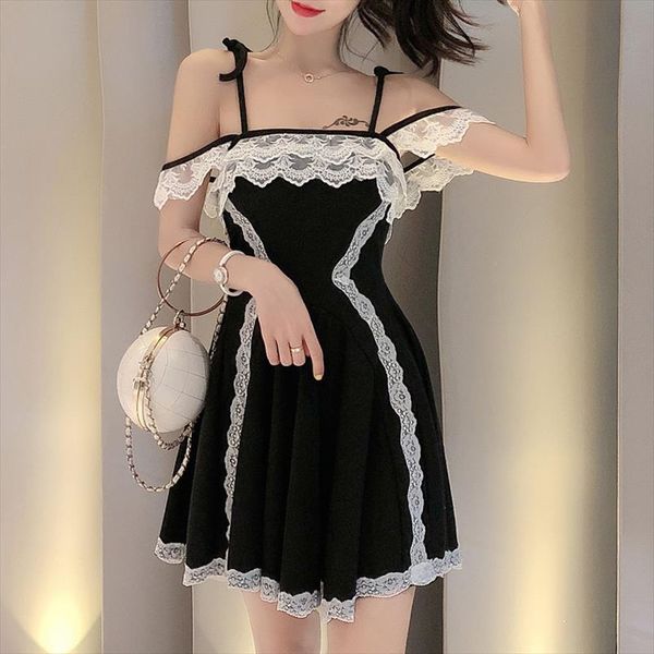 

lace women mini dress summer high waist sleeveless japan style spaghetti strap dress party night club vestidos, Black;gray