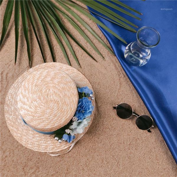 

wide brim hats fashion women summer wheat straw sun hat lady beach flat boater with handmade blue flower size 56-58cm1, Blue;gray