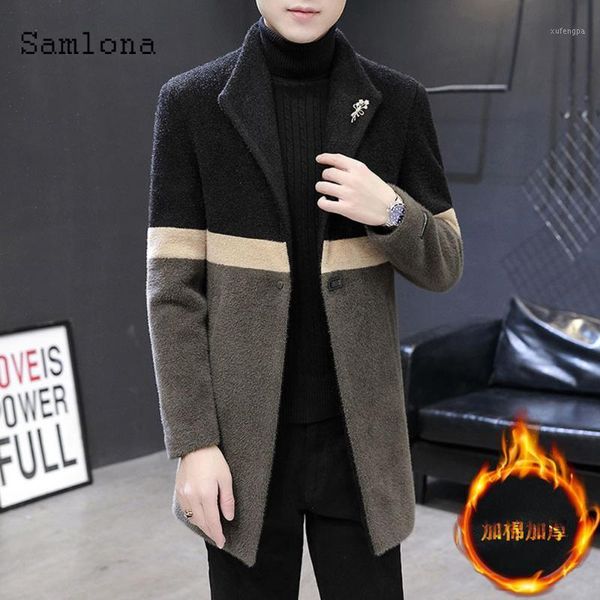 

samlona mens kpop style long wool blends coats spring lapel collar retro jacket patchwork outerwear men winter warm clothes 20211, Black