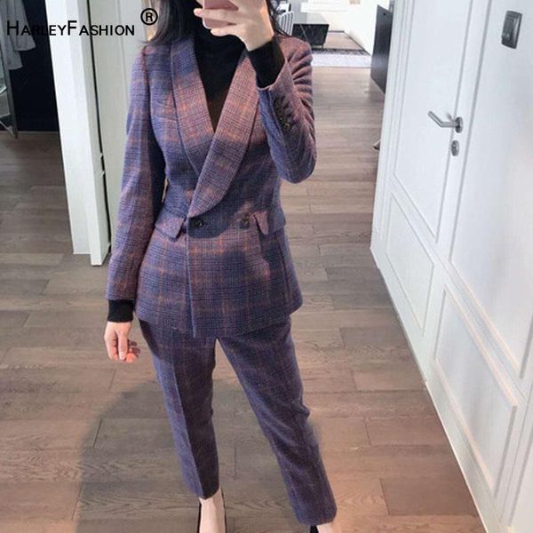 

winter england style retro check fashion pant suits 2 piece set for women double blazer jacket & straight trouser female, White