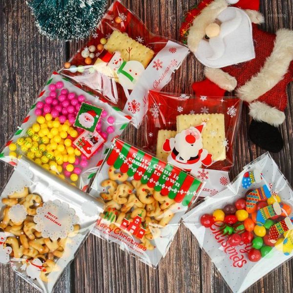 Geschenkpapier 100 Stück Weihnachtsplätzchenverpackung Selbstklebende Plastiktüten Geschenke für Kekse Geburtstag Süßigkeiten Kuchenpaket1