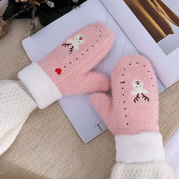 

female cute embroidery cartoons elk full fingers gloves women winter plus thick velvet cashmere plush wool knit warm mittens i32, Blue;gray