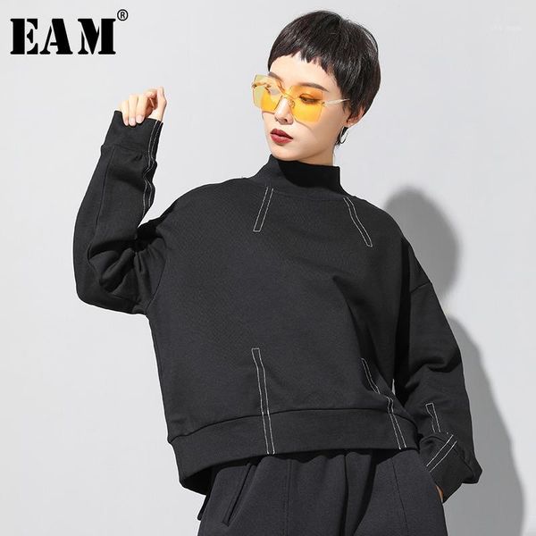

eam] loose fit black line split joint sweatshirt new stand collar long sleeve women big size fashion tide spring 2020 1u1531