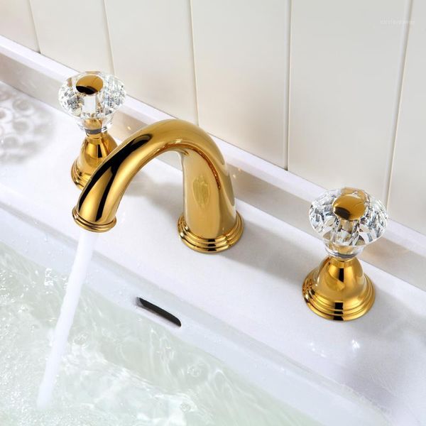 

bathroom sink faucets luxury gold solid brass crystal faucet european style art double handle three holes basin mixer faucet,golden1