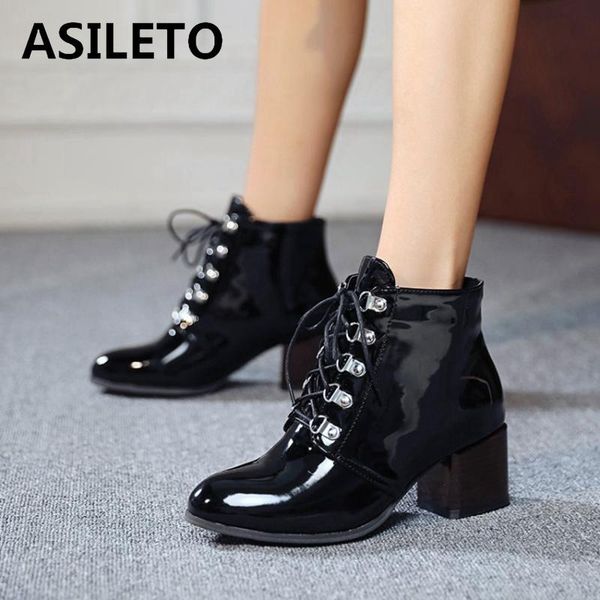 

asileto women ankle boots round toe square heel 5.5cm patent leather lace-up short plush big size 34-43 waterproof black b2143