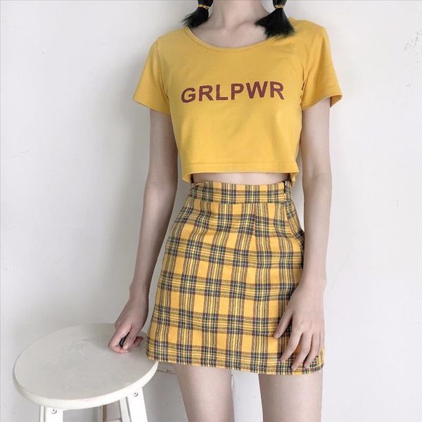 

spring summer harajuku sweet punk style high-waisted yellow chequered short skirt fashion a-shaped mini skirt, Black