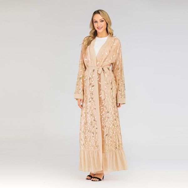 

2020 autumn casual women trench robe full sleeve embroidery loose big swing belt lace open stitch trench robes dress cm1711, Tan;black