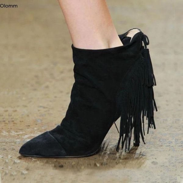 

olomm new women ankle boots stiletto heels boots fringe pointed toe gorgeous black camel dress shoes women plus us size 5-15