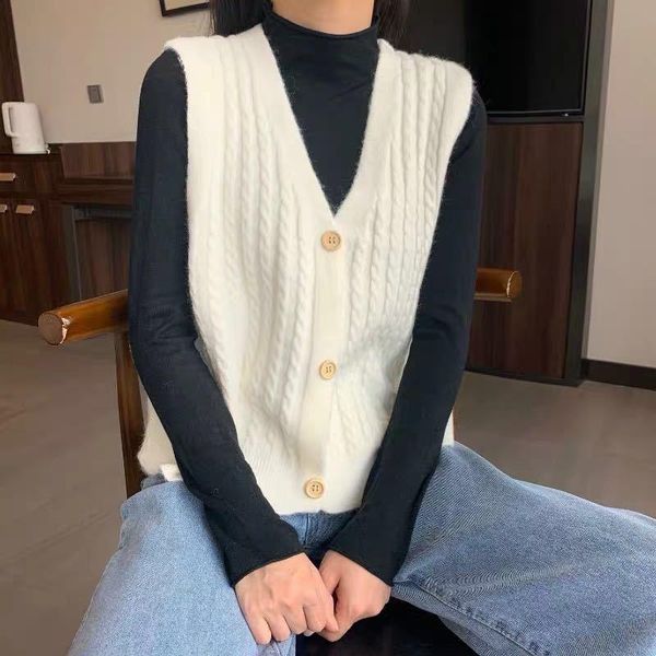 

women's vests 2021 korean version of the v-neck solid color knit sweater vest women autumn hedging loose casual twist button, Black;white