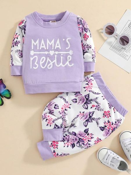 

baby floral and letter graphic sweatshirt & sweatpants she, White