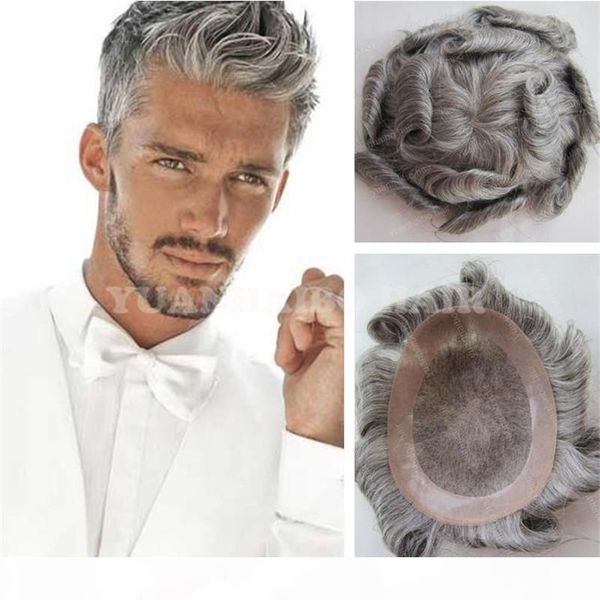 

lace with pu australia toupee mens wig 1b 50 white hair indian virgin human hair replancement for men ing, Black