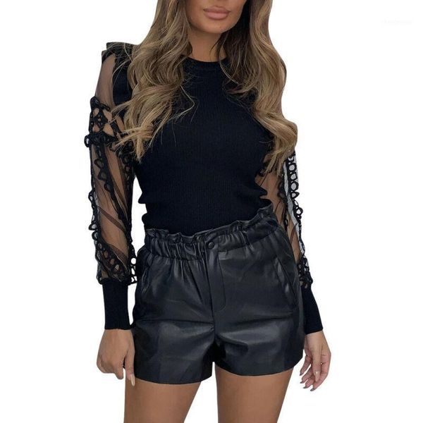 

ladies mesh splice lantern sleeve shirt women fashion perspective solid slim women blouse work shirts1, White