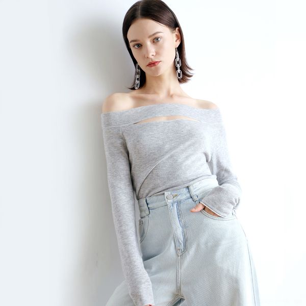 

women's 2020 spring new women's fashion slim fit solid color long pulloversweater pullover sleeve pullover collar one line neck sw, White;black