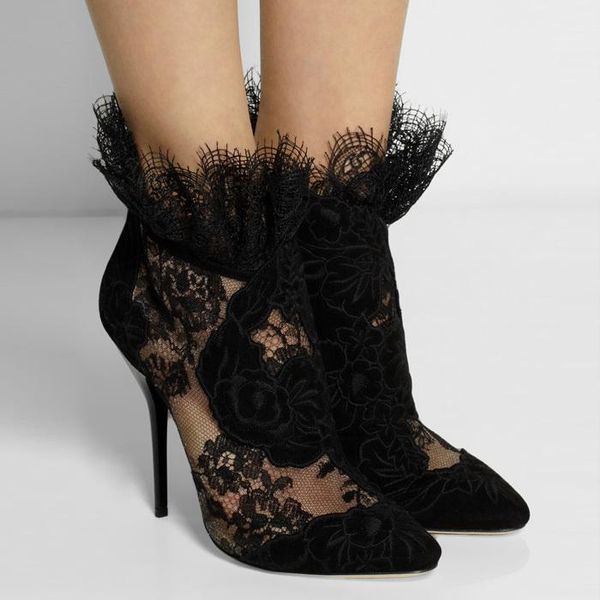 

boots british fashion women autumn booties pointed toe ankle luxury black lace high heels formal dress pumps plus size 421