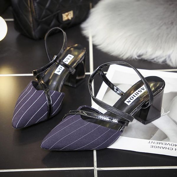 

new women's shoes fashion stripe ankle strap pointed toe thick high heels pumps sandals concise elegant high-heeled shoes u28-41, Black