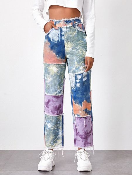 

tie dye spliced raw hem straight leg jeans l6fr#, Blue