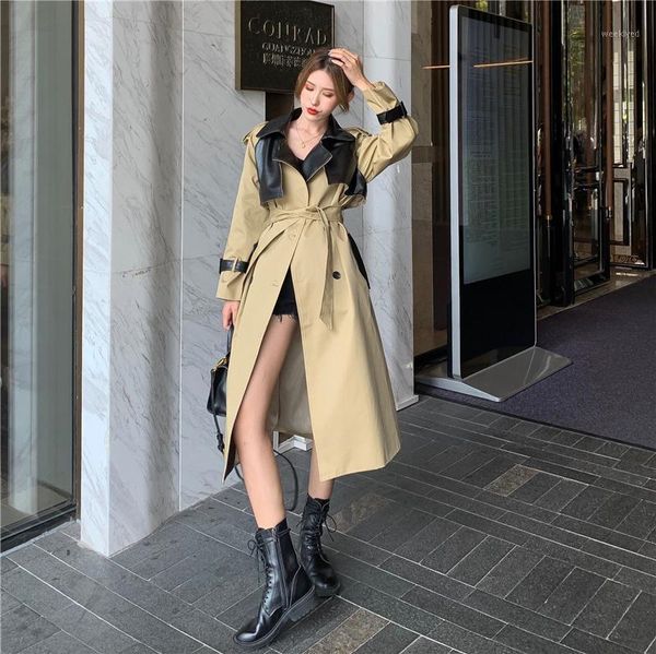 

high fashion patchwork women trench outerwear manteau streetwear slim fit korean trench overcoats1, Tan;black