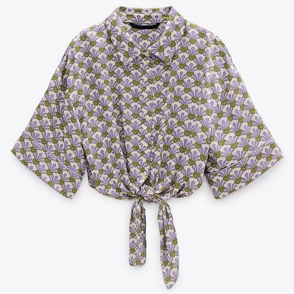 

agong casual loose turn down collar blouses women fashion printed shirts women elegant knot half sleeve female ladies gx1, White