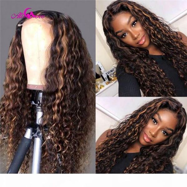 

ali coco highlight 2 30 kinky curly lace front wigs transparent lace brazilian human hair wigs pre plucked remy human wig, Black;brown