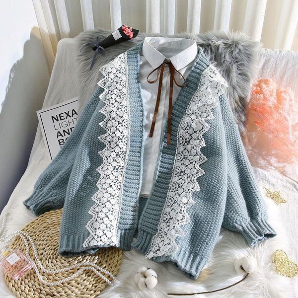 

women's knits & tees knitted cardigan jacket mid length lace sweater for autumn / winter 2021 turtleneck lady, White