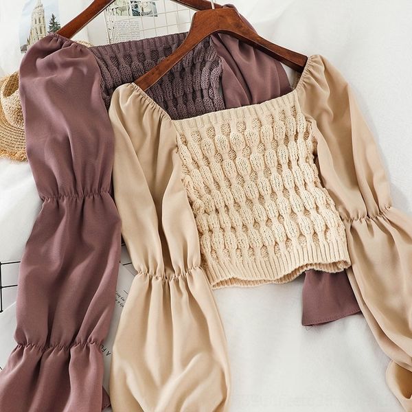 

0ulr4 student chic knitted korean simple one word coatcollar short junior chiffon bell sleeve versatile student junior chic korean simple on, White;black