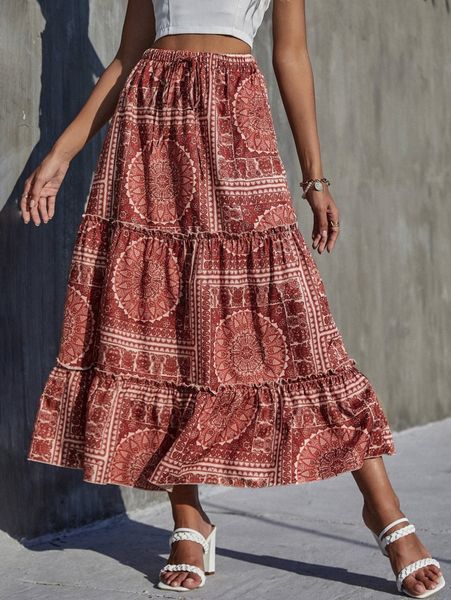 

paisley & scarf print ruffle hem frill trim skirt y6nw#, Black