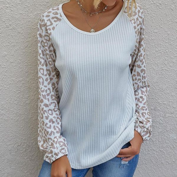 

women's sweaters chic women o neck leopard patchwork loose long sleeve tunic ribbed blouse casual daily top, White;black