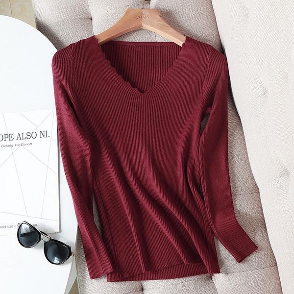 

2021 basic acrylic wavy v neck solid autumn winter sweater pullover women female knitted sweater slim long sleeve badycon sweater cheap, White;black