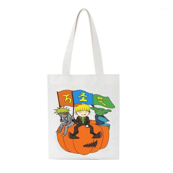 

shopping bags halloween print women canvas tote ladies casual cloth shoulder bag schoolgirl reusable larger capacity travel beach bag1
