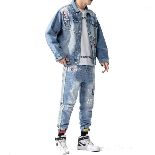 

men's light blue plus size two piece set oversize design autumn winter print casual jeans sets denim jacket + straight jeans1, Gray