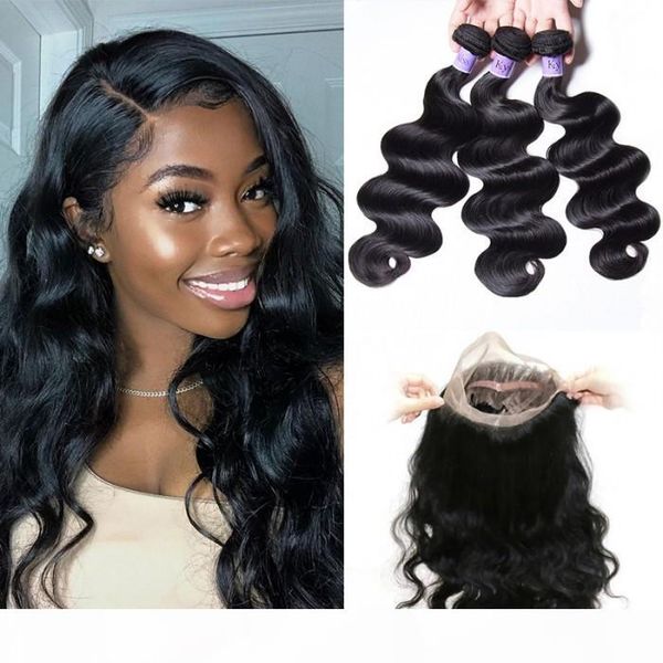 

hair kysiss series 3 bundles body wave virgin hair with 360 lace frontal closure hair replacement, Black;brown