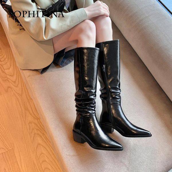 

boots sophitinawinter warm kee-high woman white genuine leather pointed toe high wooden square heel zipper lady shoes po819, Black