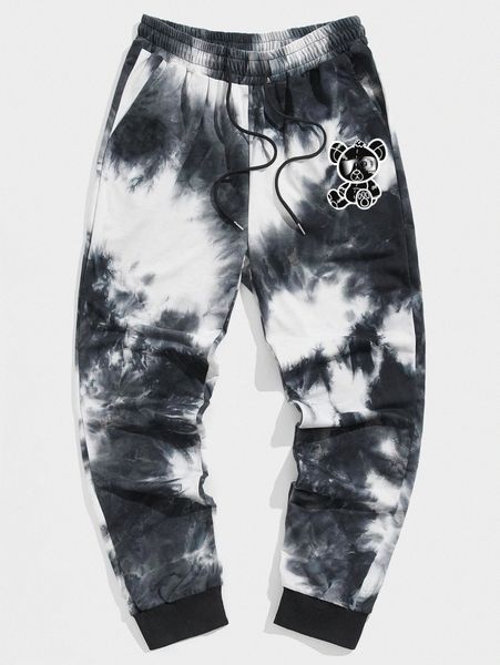 

men bear print tie dye sweatpants e4g5#, Black