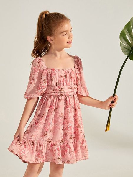

girls floral print ruffle hem puff sleeve dress she, Red;yellow