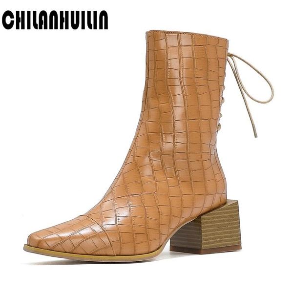

boots brand fashion lace-up ankle for women quality print leather autumn winter cross-tied blocky high heels woman, Black