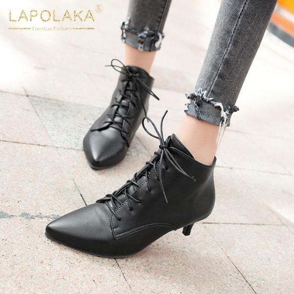 

lapolaka 2020 fashion new pointed toe ankle boots women shoes concise lace up mid heels office ladies boots female, Black