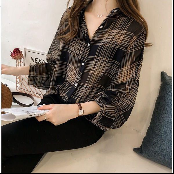 

casual korean women plaid blouse autumn 2021 new loose plus size shirt long sleeve shirt women streetwear elegant ladies, White