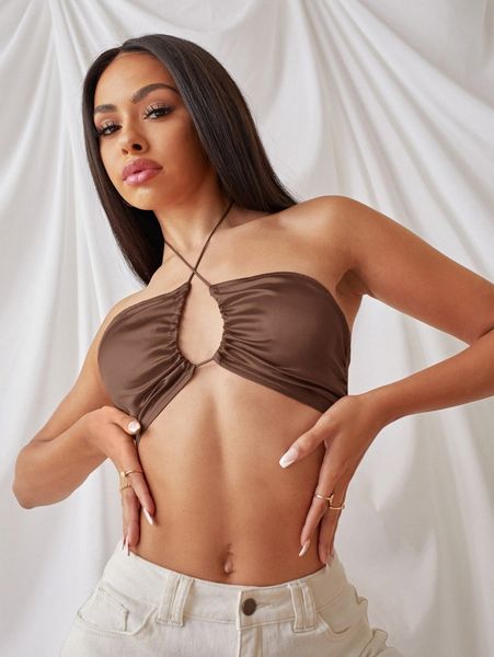 

drawstring backless crop halter x47e#, White