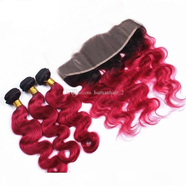 

wine red body wave 13x4 lace frontal closure with bundles t1b 99j burgundy dark root ombre body wave virgin human hair with frontals, Black;brown