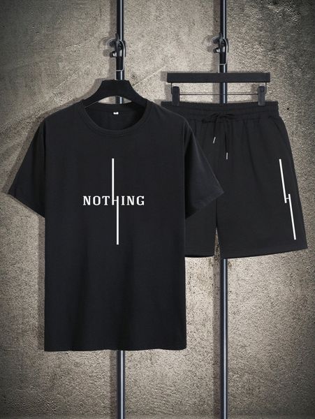 

men letter graphic tee & drawstring waist shorts b16a#, Gray
