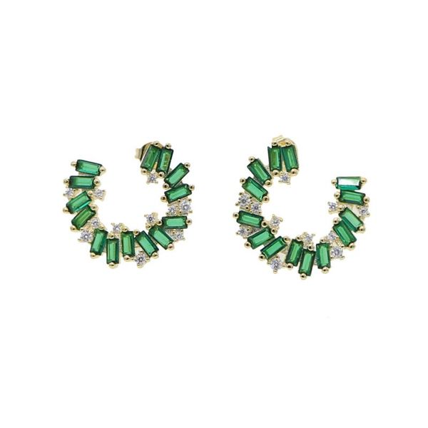 

hoop & huggie baguette green white cz round circle earring geometric gold color sparking wedding engagement bridal trendy women jewelry, Golden;silver