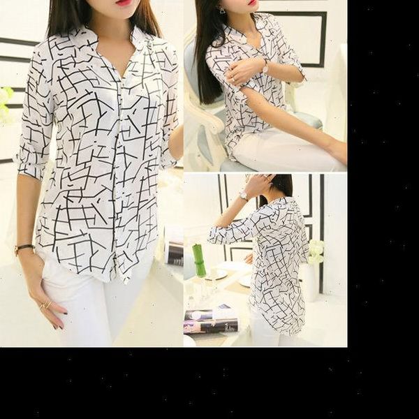 

korean fashion women 3 4 sleeve elegant print chiffon shirts summer blouses trun down collar chiffon casual shirts, White
