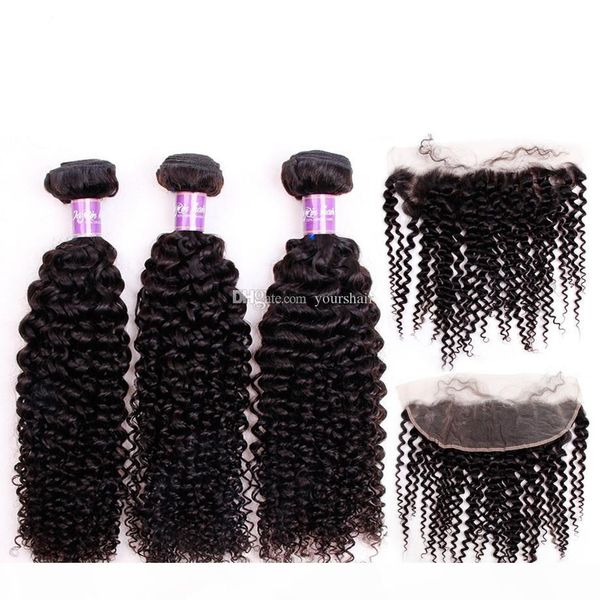 

curly wave brazilian malaysian mongolian indian peruvian human hair 3 bundles with lace frontal closure 13*4 baby hair ing, Black;brown