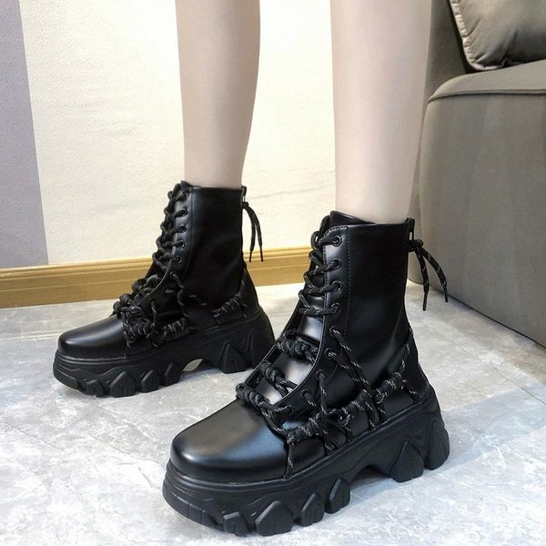 

Black Punk Style Platform Women Ankle Boots 2020 Fashion Cross Strap Chunky Heels Boots Woman Waterproof Pu Leather Shoes #On9s