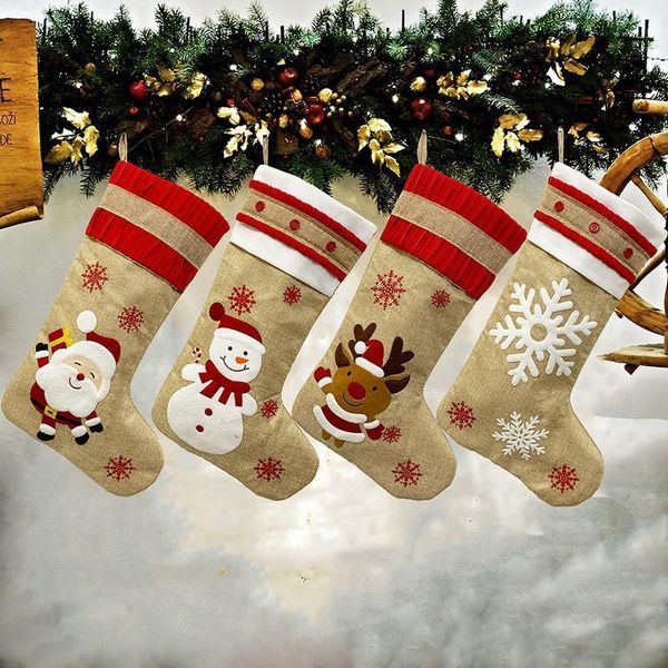

big christmas stockings burlap canvas santa snowman 18.8inch reindeer cuff family pack gift bags for xmas holiday party decor dhc1679 pz1o